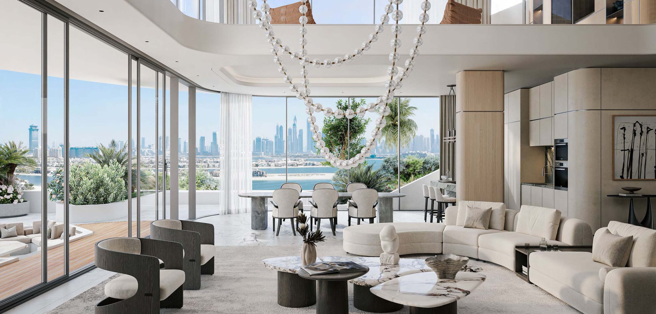 Passo double-height living and dining room with glass walls facing the Palm and the Dubai Marina skyline